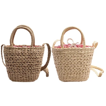 

Boho Women Handbag Straw Woven Rattan Drawstring Fastening Hollow Out Beach Holiday Bag Creamy-White