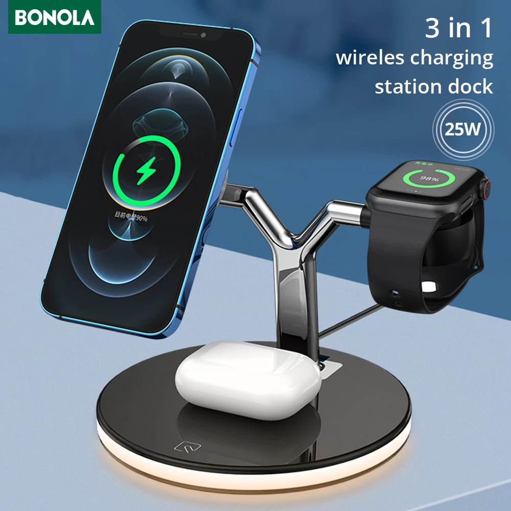 US $23.27 Bonola 25W 3 In 1 Magnetic Wireless Charger Desktop Stand For IPhone12S12Pro Max11Pro Samsung S20 Airpods IWatch Fast Charging
