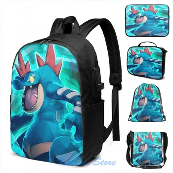 

Funny Graphic print Feraligatr Pokemon USB Charge Backpack men School bags Women Cosmetic bag Travel laptop bag
