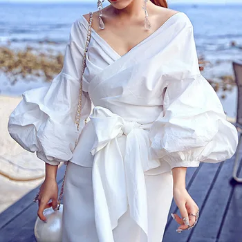 

Blouses Femme 2020 New Spring Women Fashion Puff Sleeve V-Neck Bow Belt Bandage Shirt Top Elegant Work Office Lady Shirts Blusas