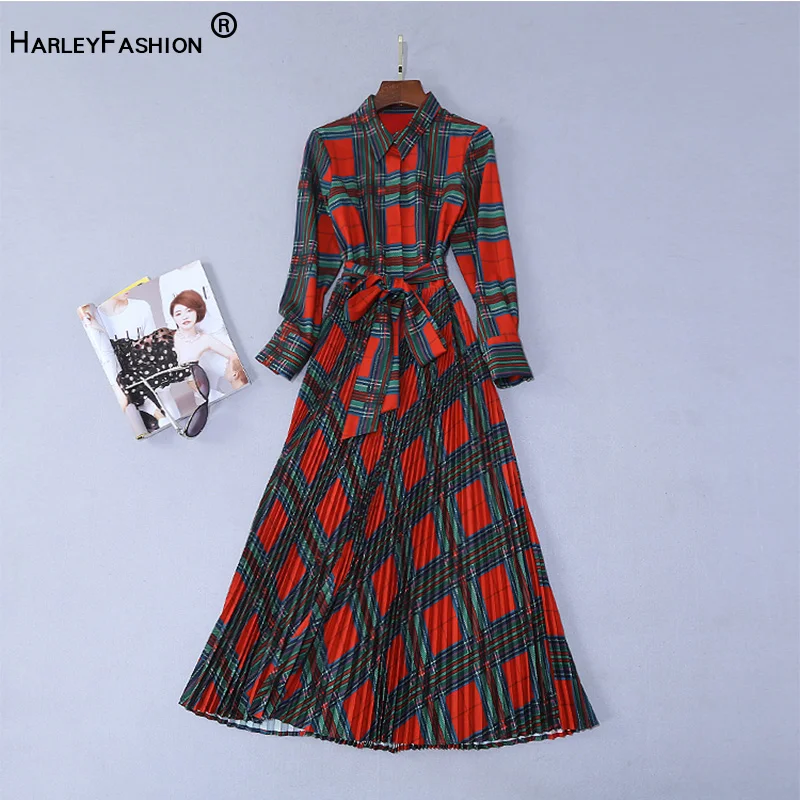 

HarleyFashion Plus Size Russian Stylish Design Elegant Women Fashion Classic Plaid Print Pleated Long Dress with Slash
