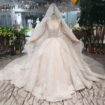

Real Photos Luxury Lace Ball Gowns Wedding Dresses 2020 Long Sleeves Boat Neck Chaple Train no vail Middle East Bridal Gowns