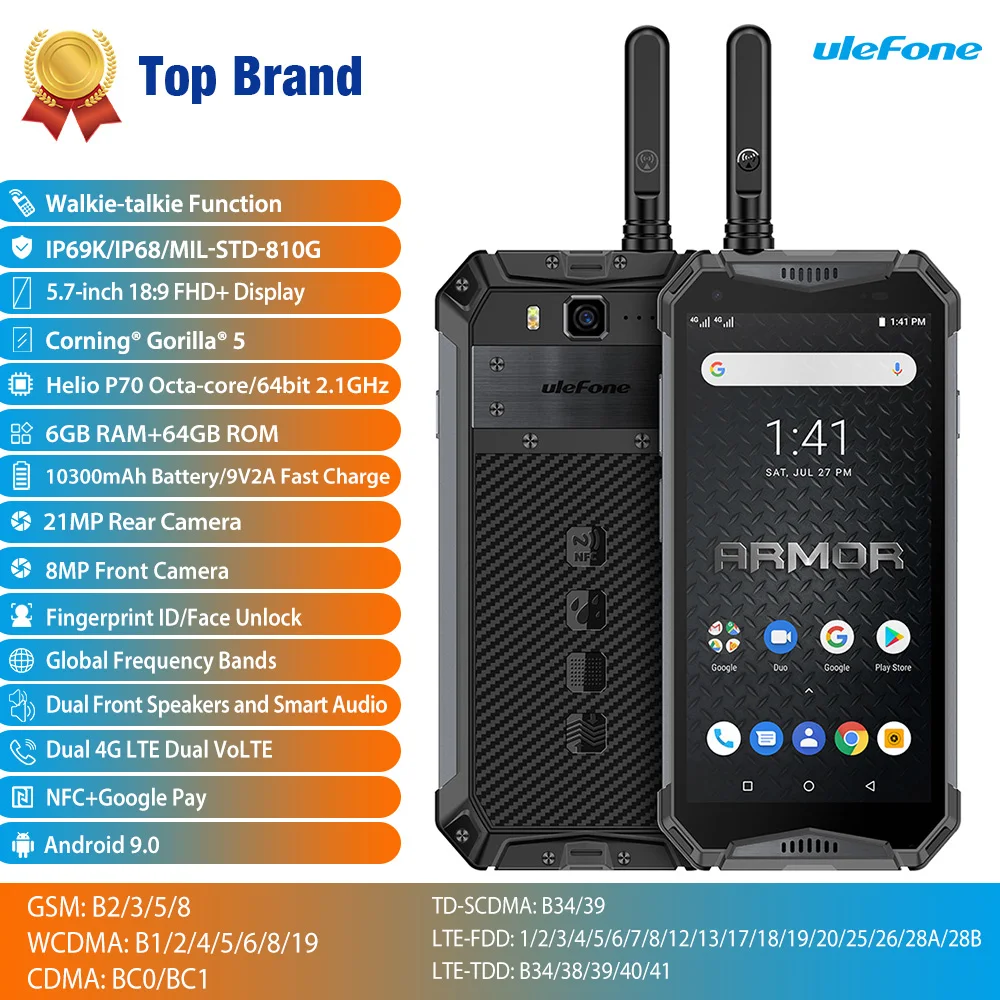 Ulefone Armor 3WT IP68 водонепроницаемый мобильный телефон Android9.0 5," 21MP Helio P70 Восьмиядерный NFC 10300 мАч рация 4G смартфон