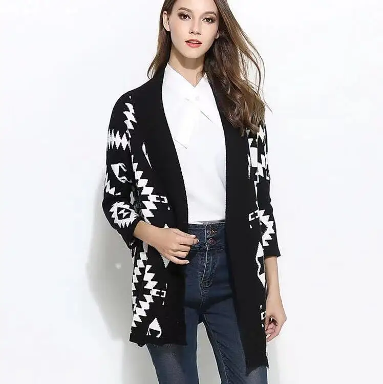 sweater for women Euramerican Autumn Winter New Fund In Long Temperament Commutes Lozenge Jacquard Cardigan Sweater Loose Knitting Coat cable knit sweater