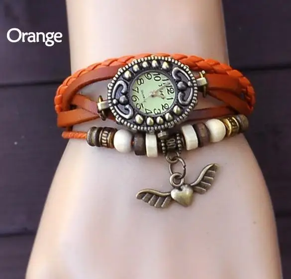

Women's Quartz Watches Vintage Bronze Angel Heart Shape Pendant Weave Wrap Synthetic Leather Bracelet Wrist Watch 7 Colors