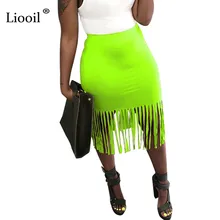 Liooil Плюс Размер Женская Сексуальная облегающая юбка миди с кисточками Высокая талия эластичные праздничные низ неоновые желтые вечерние Клубные узкая-карандаш