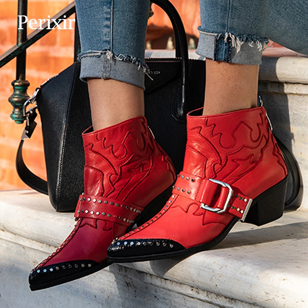 Najtaniej 2019 nowe PU skórzane botki damskie nity klamra projektant buty na wysokim obcasie szpiczasty nosek kowbojki klinowe moda krótkie buty