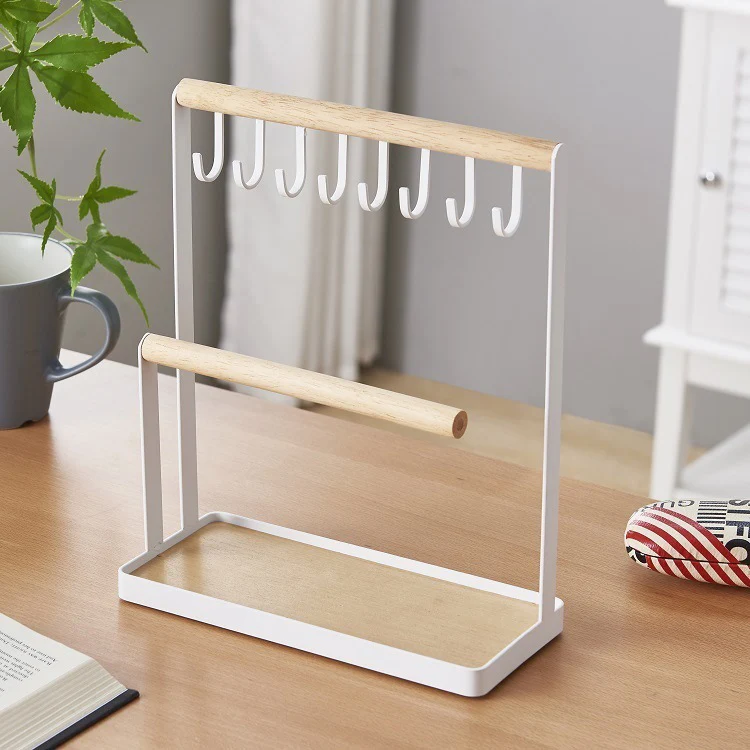  Jewelry Display Stand Holder with Wooden Ring Tray and Hooks Storage Necklaces Bracelets Rings Watc