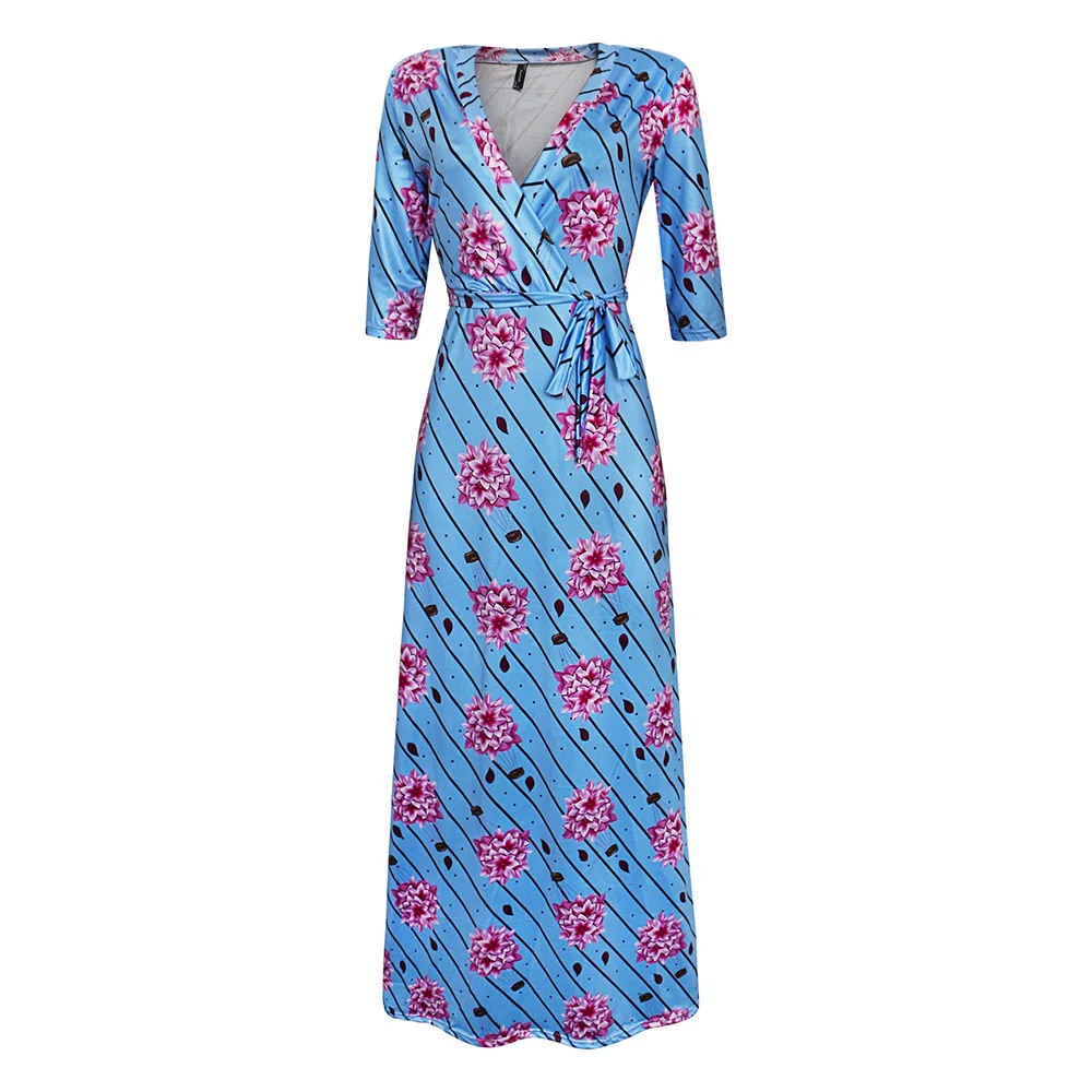 Boho, женское летнее макси платье с v-образным вырезом, милое, рукав 3/4, длина до пола, цветочный сарафан, пуловер на шнуровке, для путешествий, богемные платья