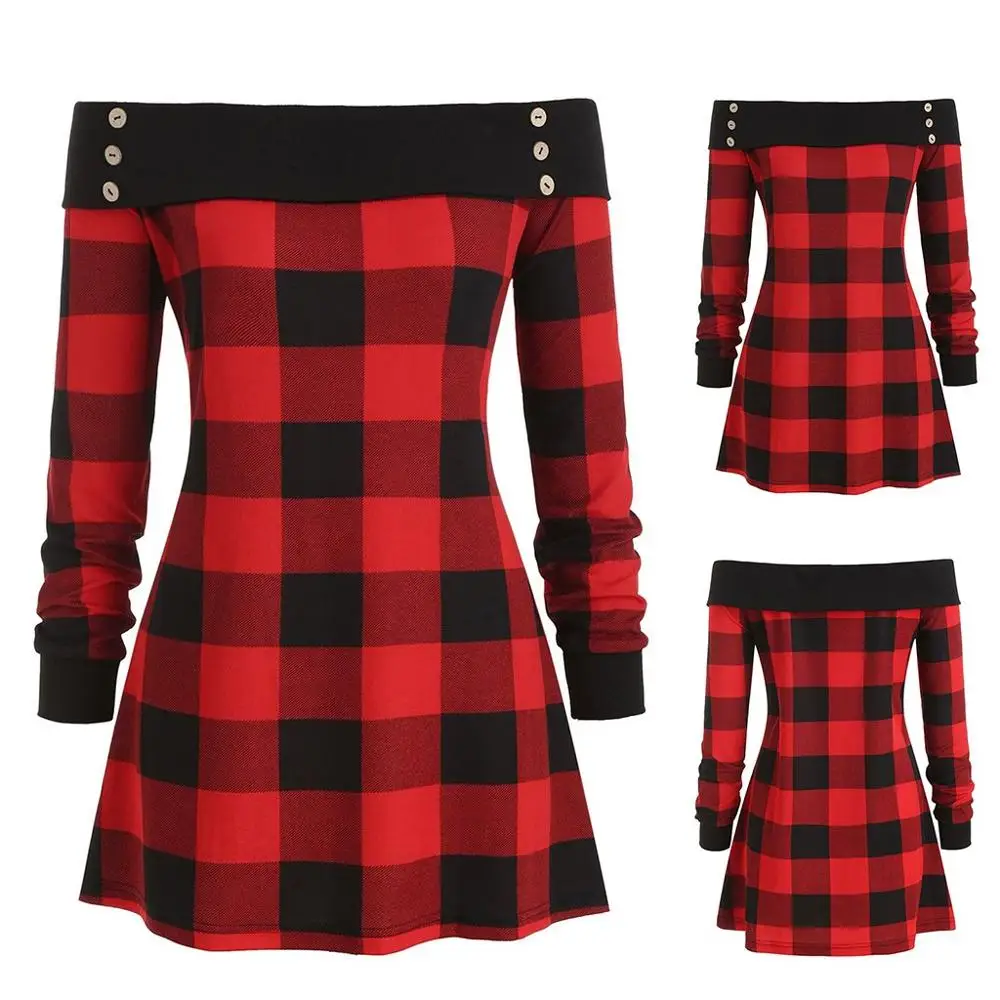 

Blouse Women Long Sleeve Irregular Hem Plaid Button Off the Shoulder Tartan Tunic Pullover Tops 2019 Shirt Blusas Feminina BB3M