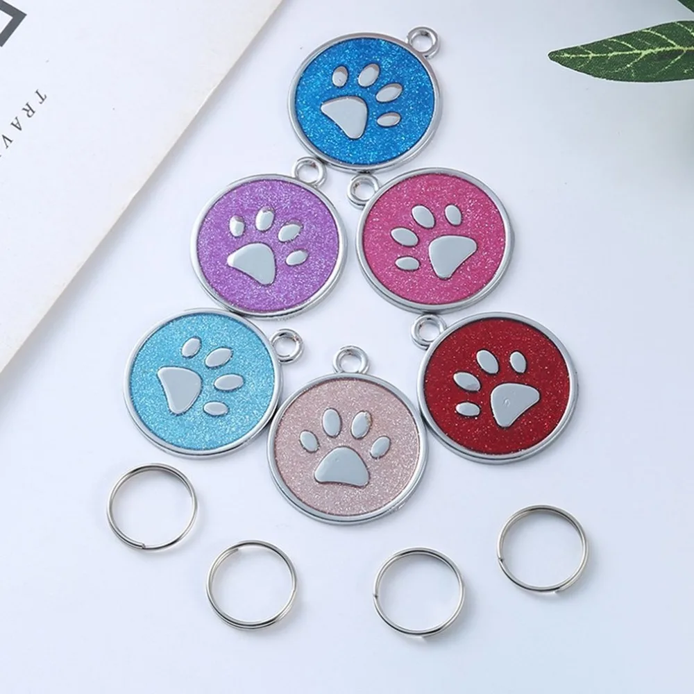 Glitter Footprint Shape Identity Card Stainless Steel Dog Tag Fashion Pendant Decor Lovely Pet Jewelry Anti-Lost Frame Card