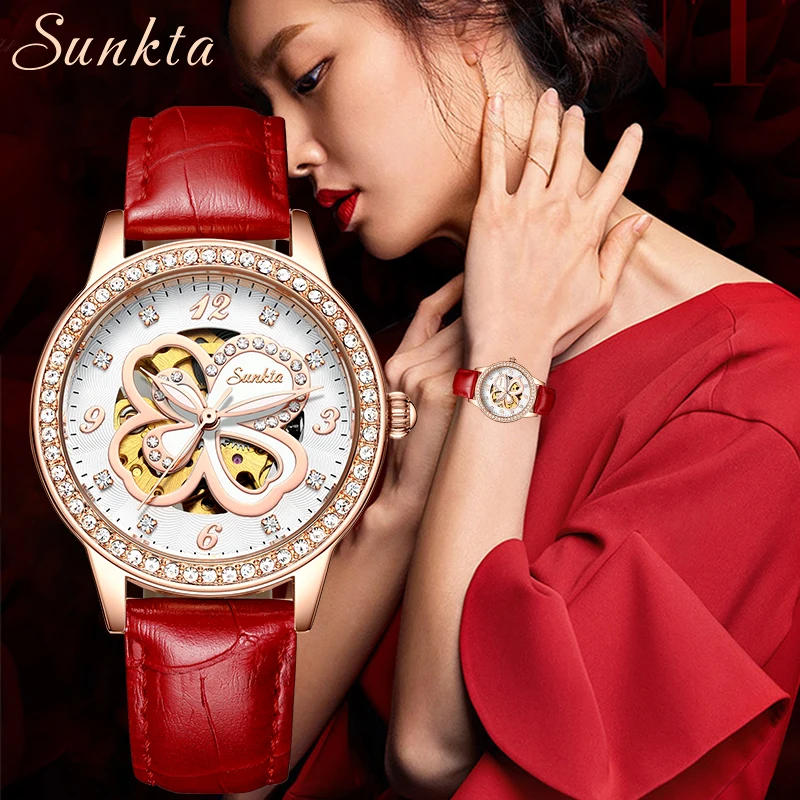 SUNKTA 2022 New Leather Automatic Mechanical Watch Women Brand Luxury Waterproof Watch Elegant