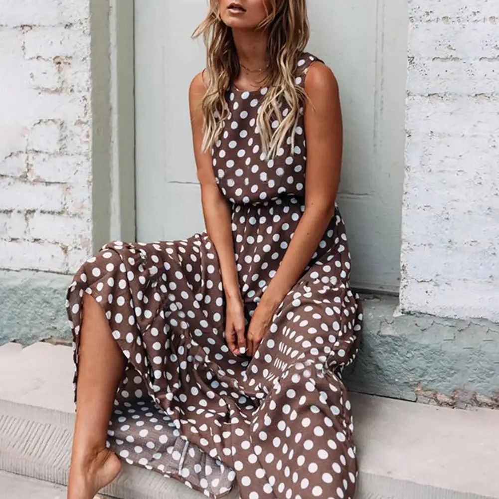 

Hot Summer Sleeveless Polka Dot Print Midi Dress Casual Women Fashion Dresses 2019 New A-Line Boho Elegant Brown Long Dress