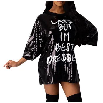 

2020 Summer Women White Black Sequin Dress Fashion Women's Sexy O-Neck Letter Print Gauze Sequins Patchwork T Shirt Dress @11
