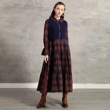 

Fine European and American women's 2020 winter clothing new two-piece bottoming long retro bow plaid casual dress