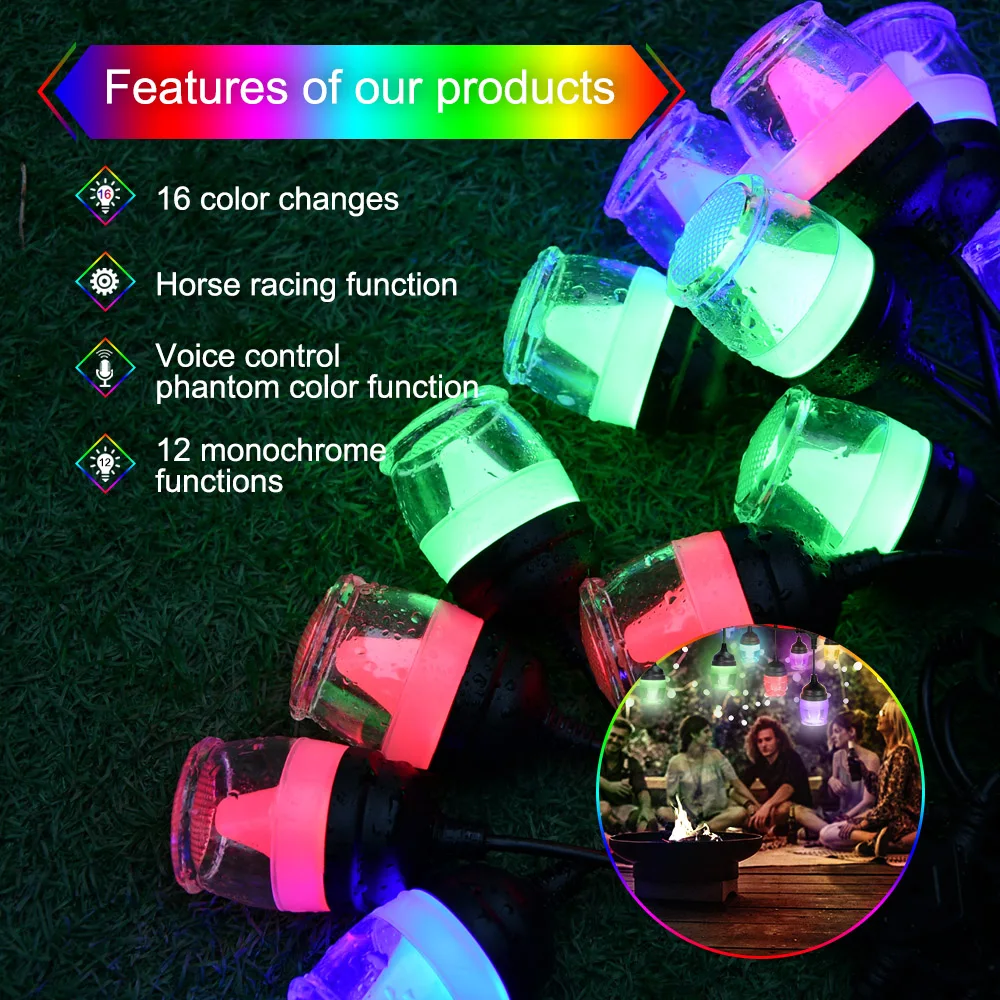 backyard string lights 38FT 12Bulbs RGB LED String Lights IP65 Waterproof Outdoor String lights With Remote Control  Garden Patio Holiday Lighting Deco warm white fairy lights