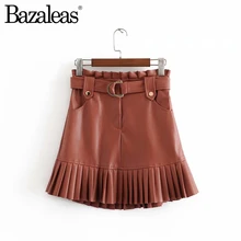 Bazaleas винтажная плиссированная юбка цвета хаки из искусственной кожи женские юбки с поясом из Франции модные женские юбки с карманами юбки с высокой талией