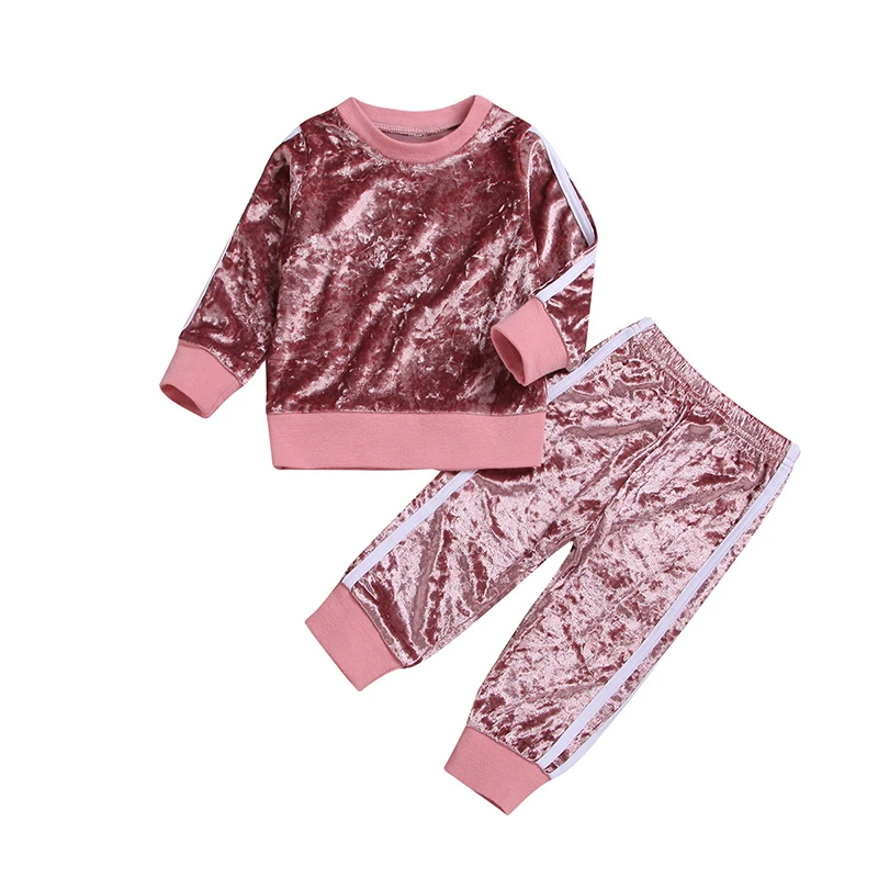 Одежда для маленьких девочек; детская футболка и штаны; комплект одежды; милый спортивный костюм; топ с длинными рукавами и золотистыми бархатными брюками; Лидер продаж; спортивный костюм - Цвет: Розовый
