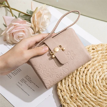 

Multifunction Short Purse Fold Women Wallets Drawstring Nubuck Leather Zipper Wallet With Wrist Strap Ladies Carteira Feminina