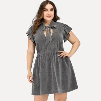 

Amtivaya Gray Sequined Chiffon Dress V-neck Sexy Bowknot Elegant Party Women Clothes 2020 Summer Casual