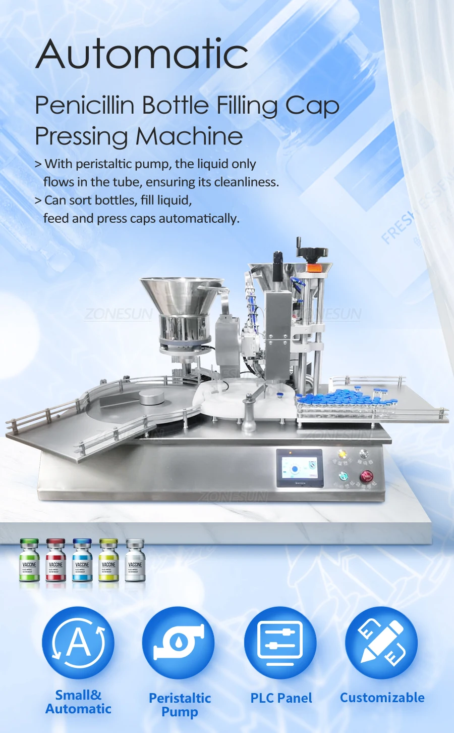 ZONESUN ZS-AFC20 Automatic Penicillin Bottle Peristaltic Pump Liquid Filling And Capping Machine With Cap Feeder