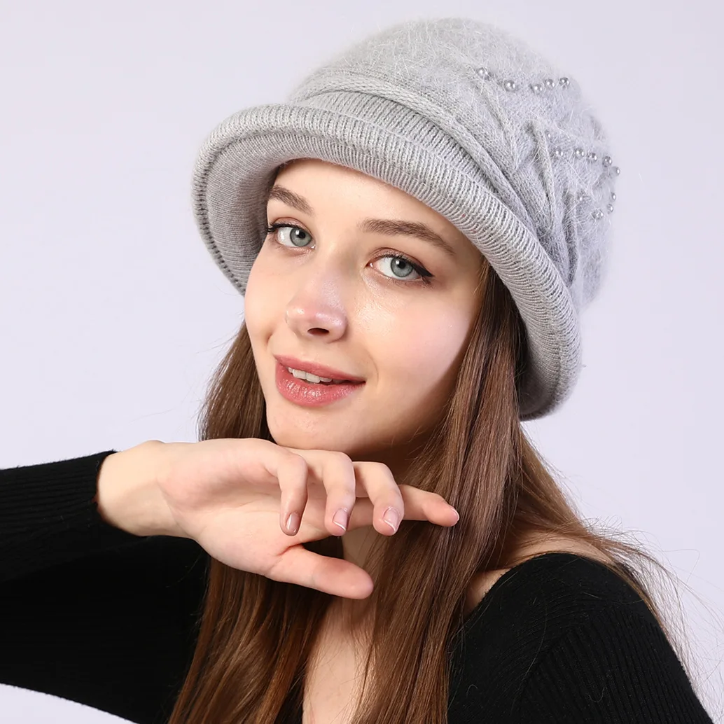 Light Grey OMEA, зимняя фетровая шляпа, женская панама, шапка из ангорской кроличьей шерсти, с манжетами, вязаная теплая фетровая шляпа с жемчугом, черная шапка, церковная шапка из шерсти - Цвет: Light Grey