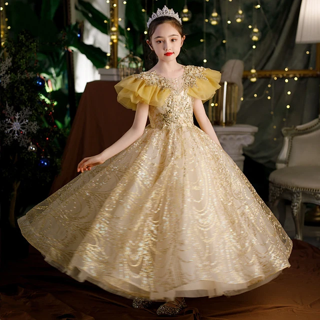 Fancy Girl Prom Dress Children Wedding Tulle Sequin Ball Gown Kids