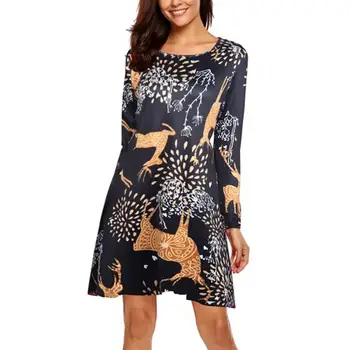 

Hot apparel Christmas Santa Claus Deer Gingerbread Print Women Long Sleeve Midi Swing Dress