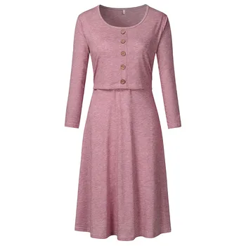 

Fashion Women's maternity dresses Polyester O-neck Casual Long Sleeve Button Nursing Dress For Breastfeeding Free shipping H4
