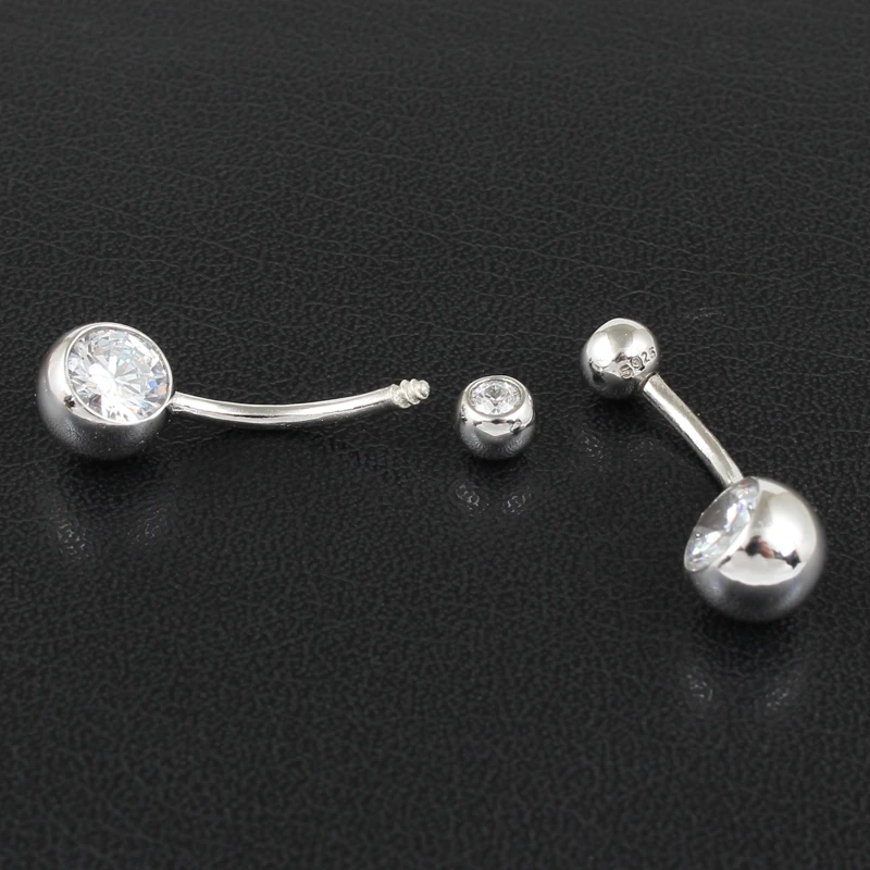Real 925 sterling silver belly button ring clear double zircon stones body jewelry ball navel bar piercing jewelry free shipping