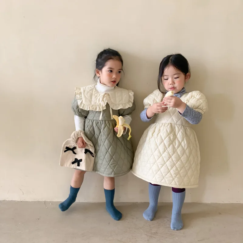Girls Quilted Dress Autumn and Winter Clothes Solid Color New Children Doll Collar Padded Cotton Short Sleeve Princess Dresses | Детская