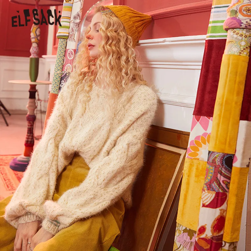 

ELFSACK Multicolor Solid Lazy Casual Women Knit Pullover Sweaters 2020 Winter Drop Shoulder Lantern Sleeve Korean Female Tops