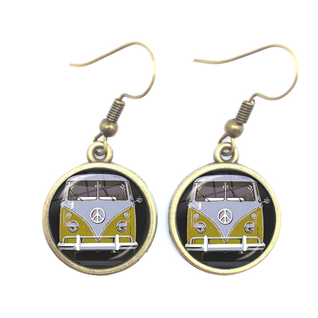 Blue-Red-Yellow Hippie Peace Van Bus Photo Drop Earrings Retro Beach Bus Car Collectors Bus Peace Sign Jewelry For Women