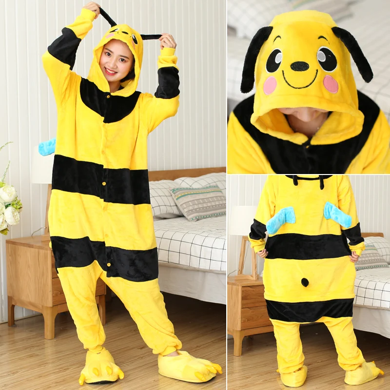 Yellow Bee FL Пижама в виде животного для взрослых женщин пижамы кигуруми все в одном пижамы костюмы животных косплей Череп Ститч Тигр Единорог одежда Пижама - Цвет: Yellow Bee FL