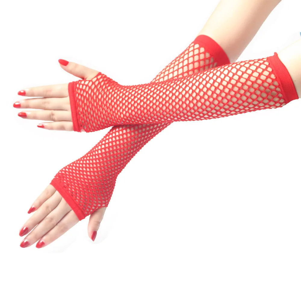 Женские перчатки для девушек неоновые сексуальные длинные без пальцев в сетку кружевные высокоэластичные перчатки для рук guantes eldiven handschoenen A40 - Цвет: Red