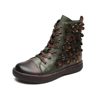 

Explosions Vintage Flowers Boots Women Wild Shoes Genuine Leather Flats Footwear Warm Snow Boot High-top Wool Platform Shoes