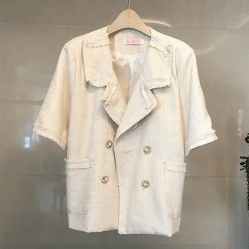 

2019 New Runway Autumn Tweed Jacket Women fashion Notched Pearls Double-Breasted Tassles Pocket Casual Elegant Office Coat