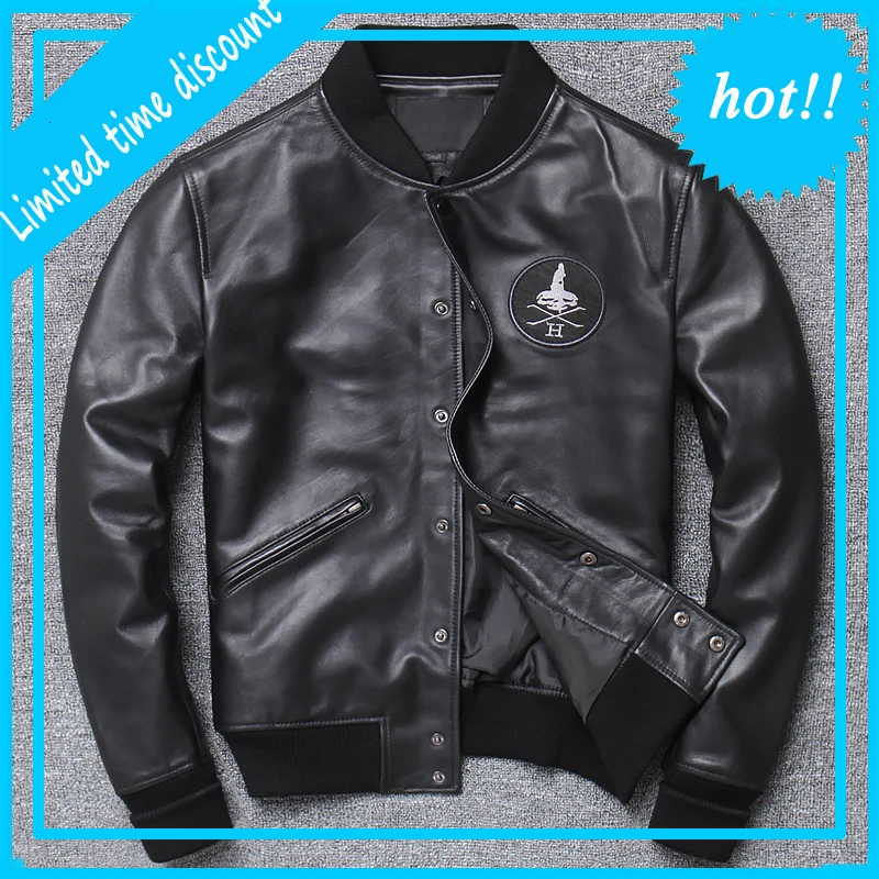 

Free Shipping Men's Genuine Leather Baseball Jacket Large Capacity Slim Fit Locomotive Black Jacket Soft Sheepskin Coat