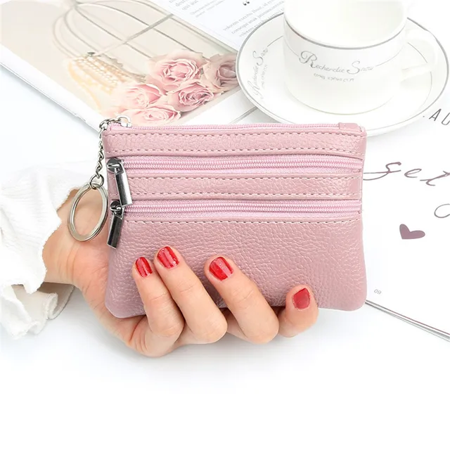 Fashion Women Mini Wallet Ladies Double Zipper Coin Purse Card Holder Multifunctional Small Coin Credit Card Key Ring Wallet New Pink
