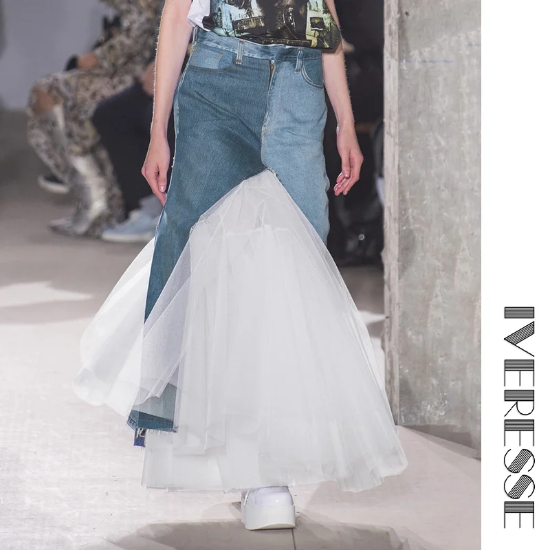 

IVRESSE Autumn Women Ruffles Mesh Split Asymmetrical Denim Skirt Sweet Suits Short Lady Patchwork Party Elegant Sweet Skirts