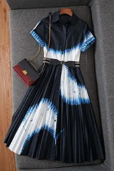

Romantic Runway Design Vintage Dresses Women Fashion 2020 Spring High Street Turn down Collar Short Sleeves Belt Color Patchwork