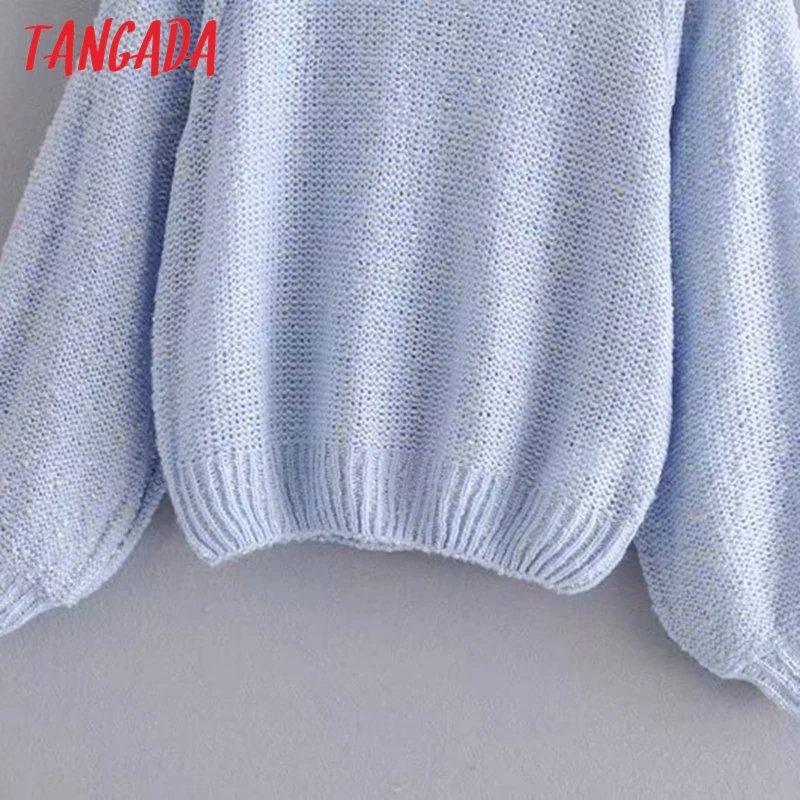 Tangada женский укороченный джемпер из золотой пряжи, свитер с пышными рукавами три четверти и круглым вырезом, корейский стиль, пуловеры, женские топы 6P04