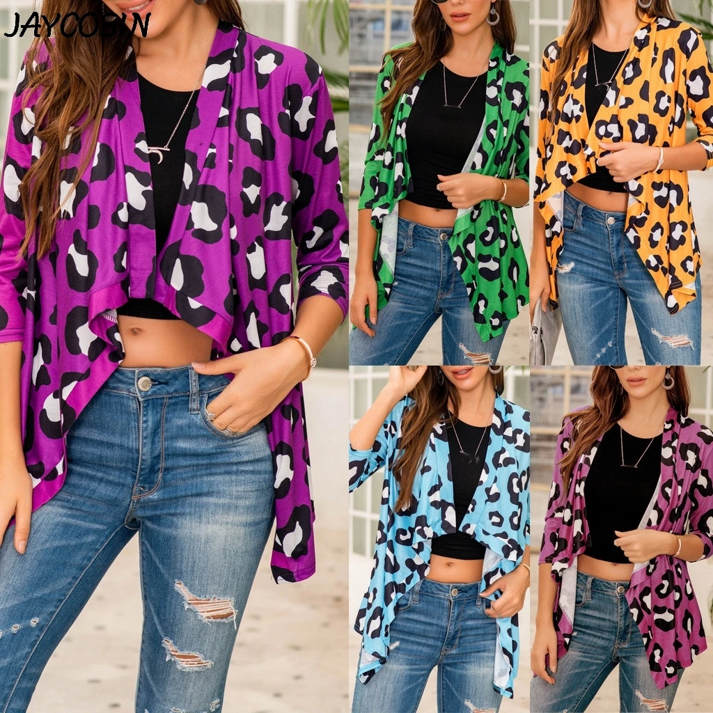 JAYCOSIN 2020 New Arrival Fashion Women Coat Leopard Print 3/4 Sleeve Irregular Cardigan Open Front Sun Protection Jacket |