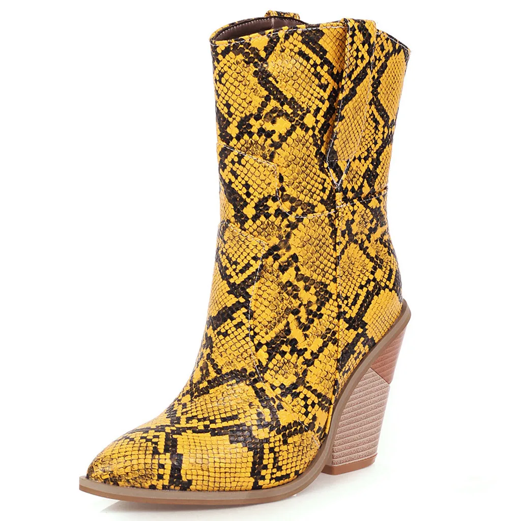 autumn Winter new Womens Leather Snake Print Wedges Shoes Pointed Toe Cowboy Slip-On Boots high heel boots women boots#O19