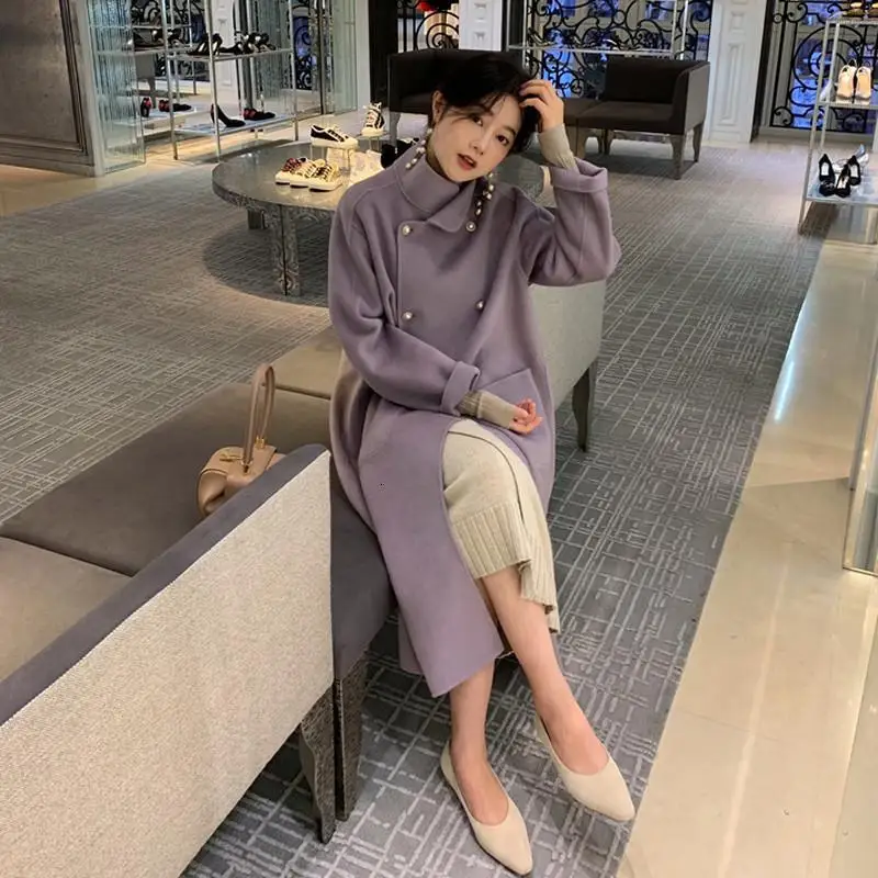Purple Женские осенние зимние куртки из шерсти двухсторонние кашемировые пальто женские повседневные облегающие однотонные длинные шерстяные кашемировые пальто V521 - Цвет: Purple