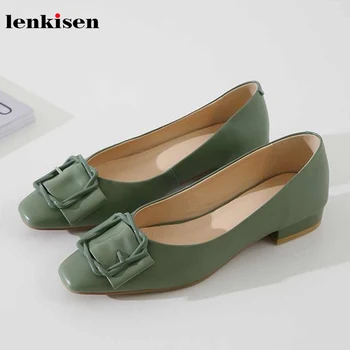 

Lenkisen genuine leather square toe fashion office lady solid low heels buckle straps decorations slip on autumn women shoes L23