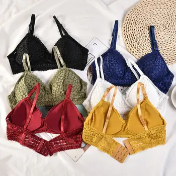 

Women Seamless Floral Lace Wrapped Chest Bra Wireless Candy Color Back Closure Bralette Triangle Cup Spaghetti Underwear