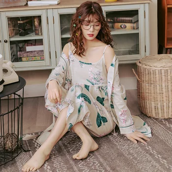 

3PCS Sexy 100% Cotton Print Kimono Pajama Sets for Women Long Sleeve Robes Sleepwear Femme Homewear Pijama Mujer Three Piece Set