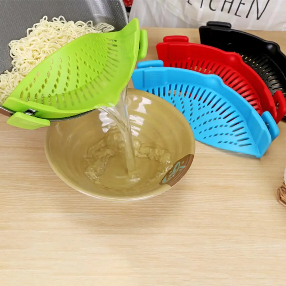 

Silicone Clip Pot Strainer Noodles Vegetables Washing Colander Kitchen Tool Pot strainer is flexible for all types and sizes of