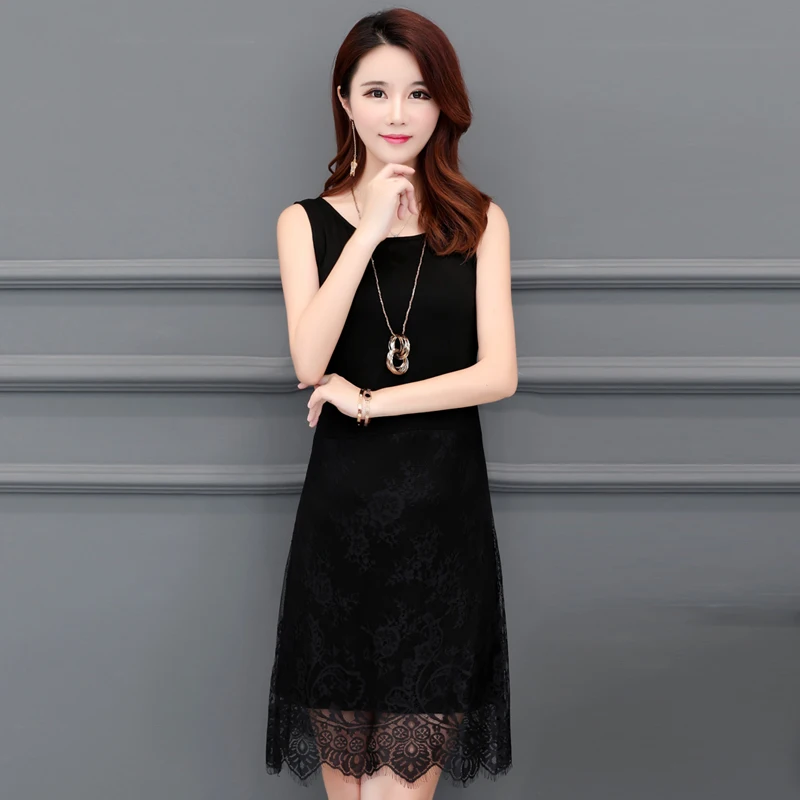 

Lace Dress women 2020 summer Sexy O-Neck sleeveless Dress Solid color Knee-Length Dress women